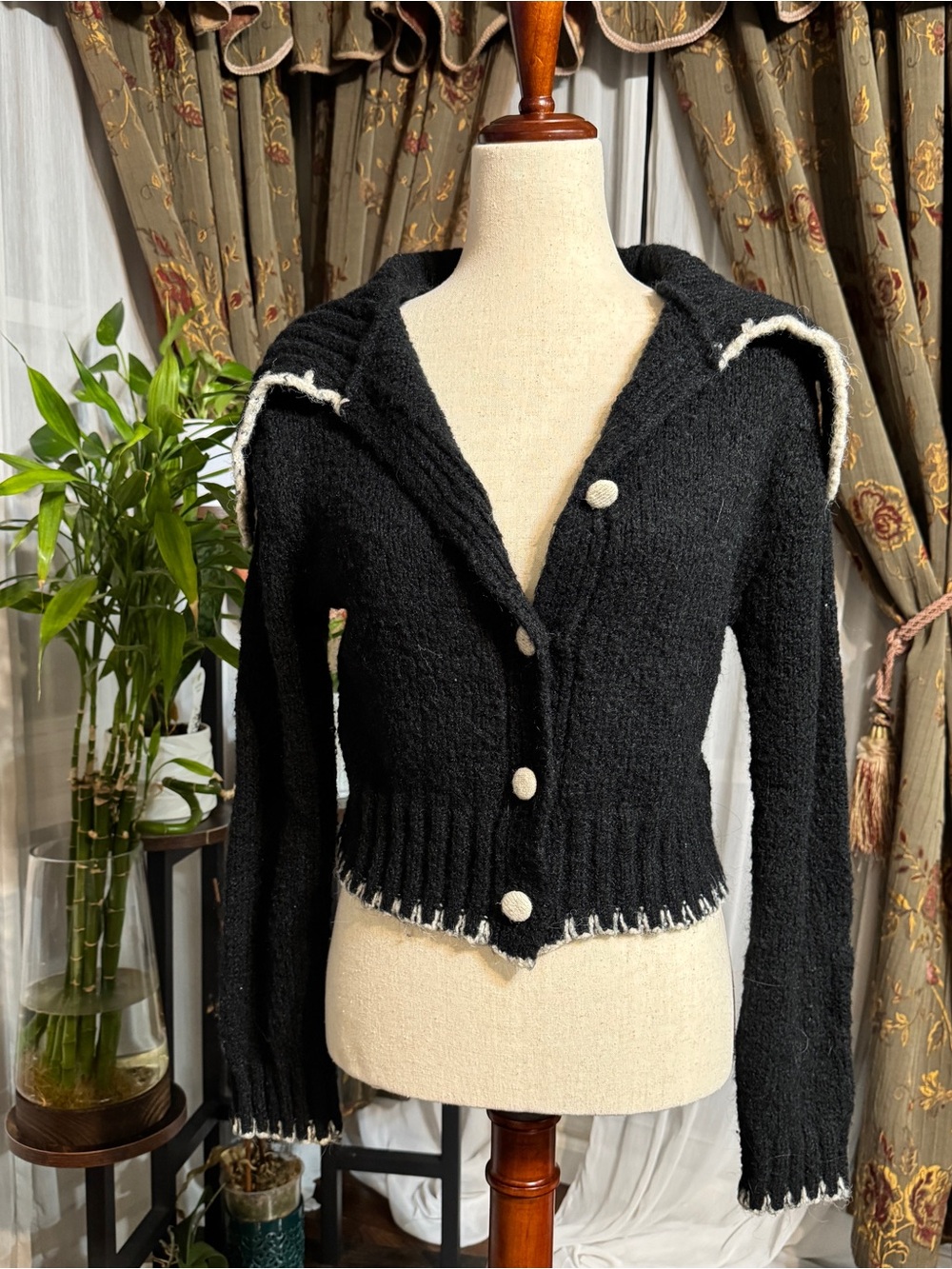 Astr Black Hooded Button-Front Cardigan with White Trim